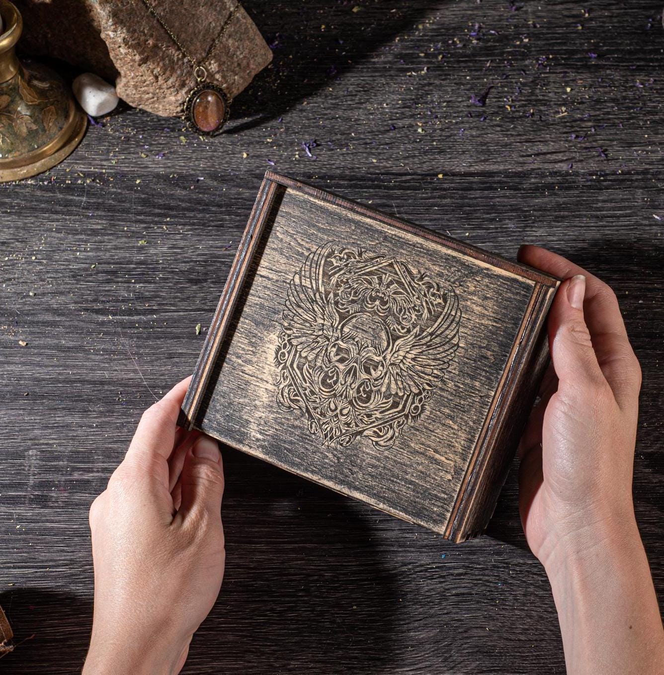 Tarot cards and crystals storage wooden box, Engraved personalized casket for witch tools
