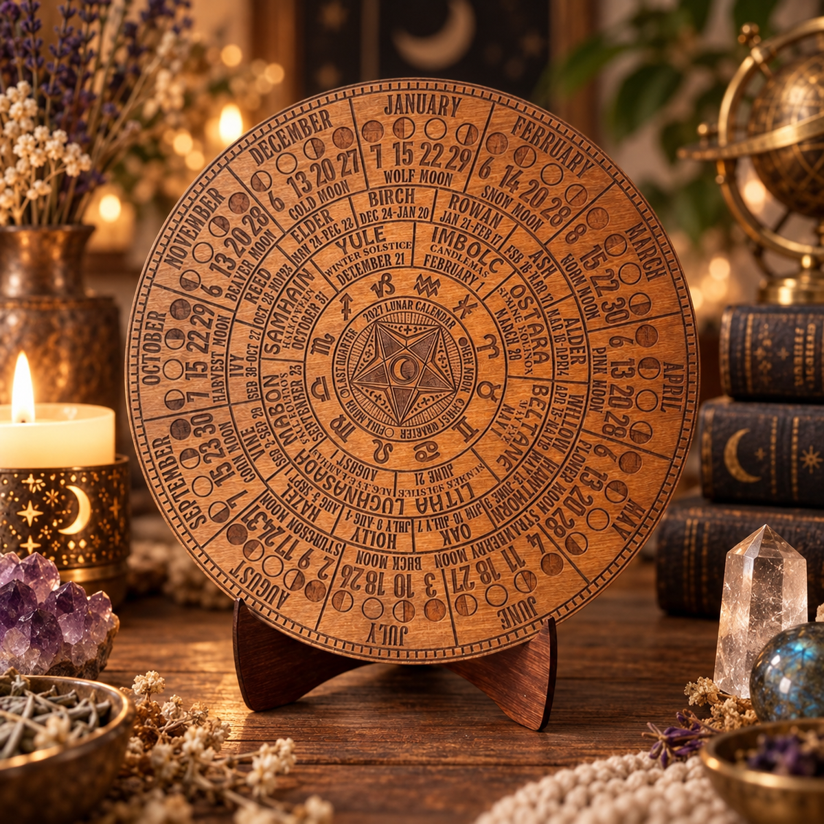 2027 Lunar Moon Phase Calendar | Wiccan Lunar Wheel with Pentagram
