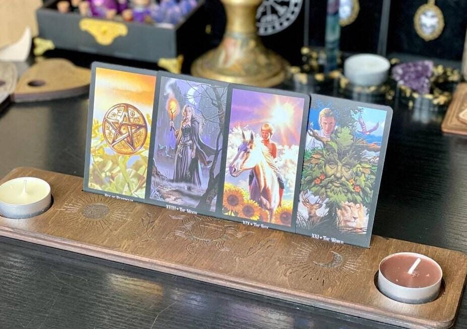 Sun and Moon Tarot Card Holder, Engraved Wooden Altar Stand