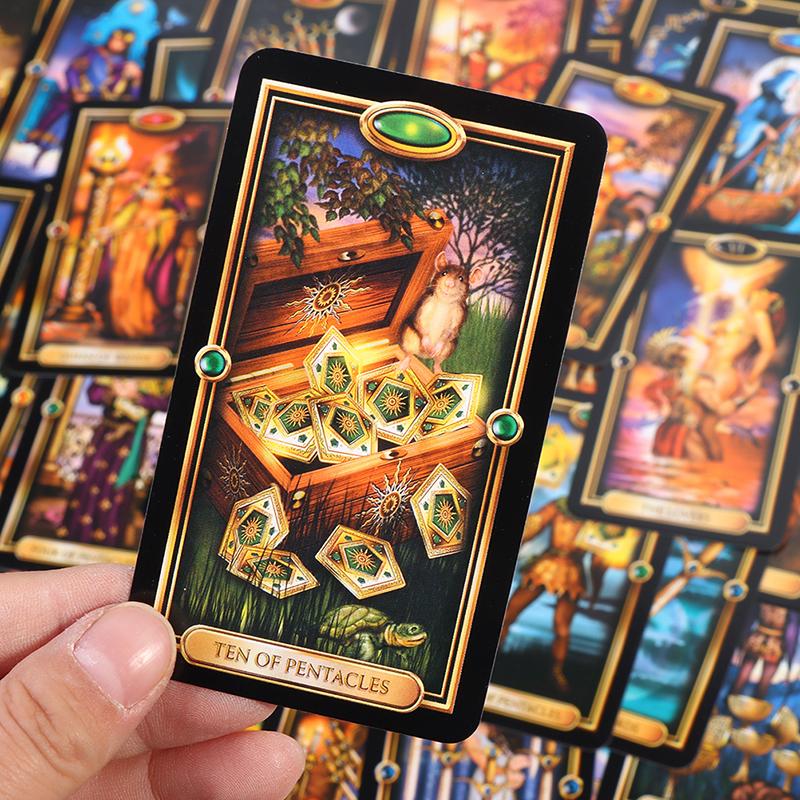 A hand holding a tarot card with the text "TEN OF PENTACLES" on it, against a background of colorful tarot cards.