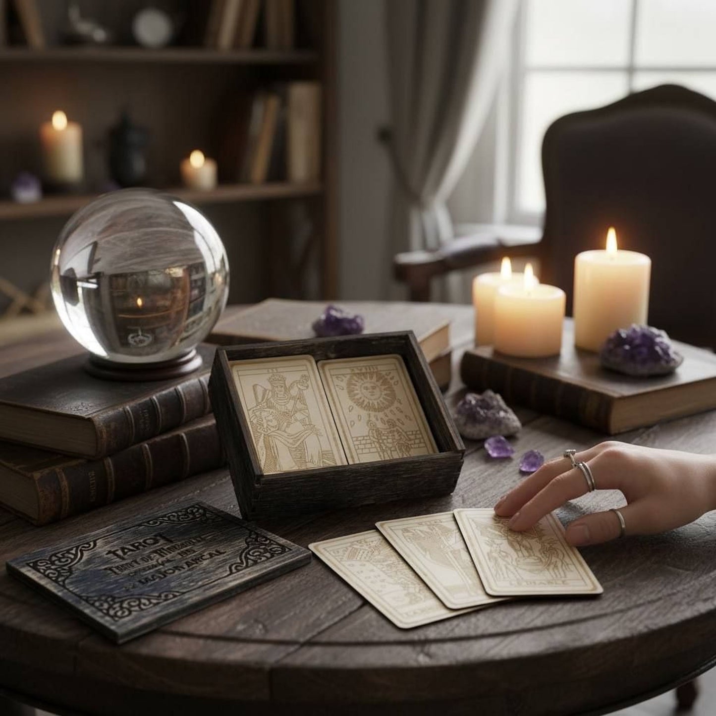 a hand reaching for a tarot card on a wooden table, surrounded by candles, books, and crystals.