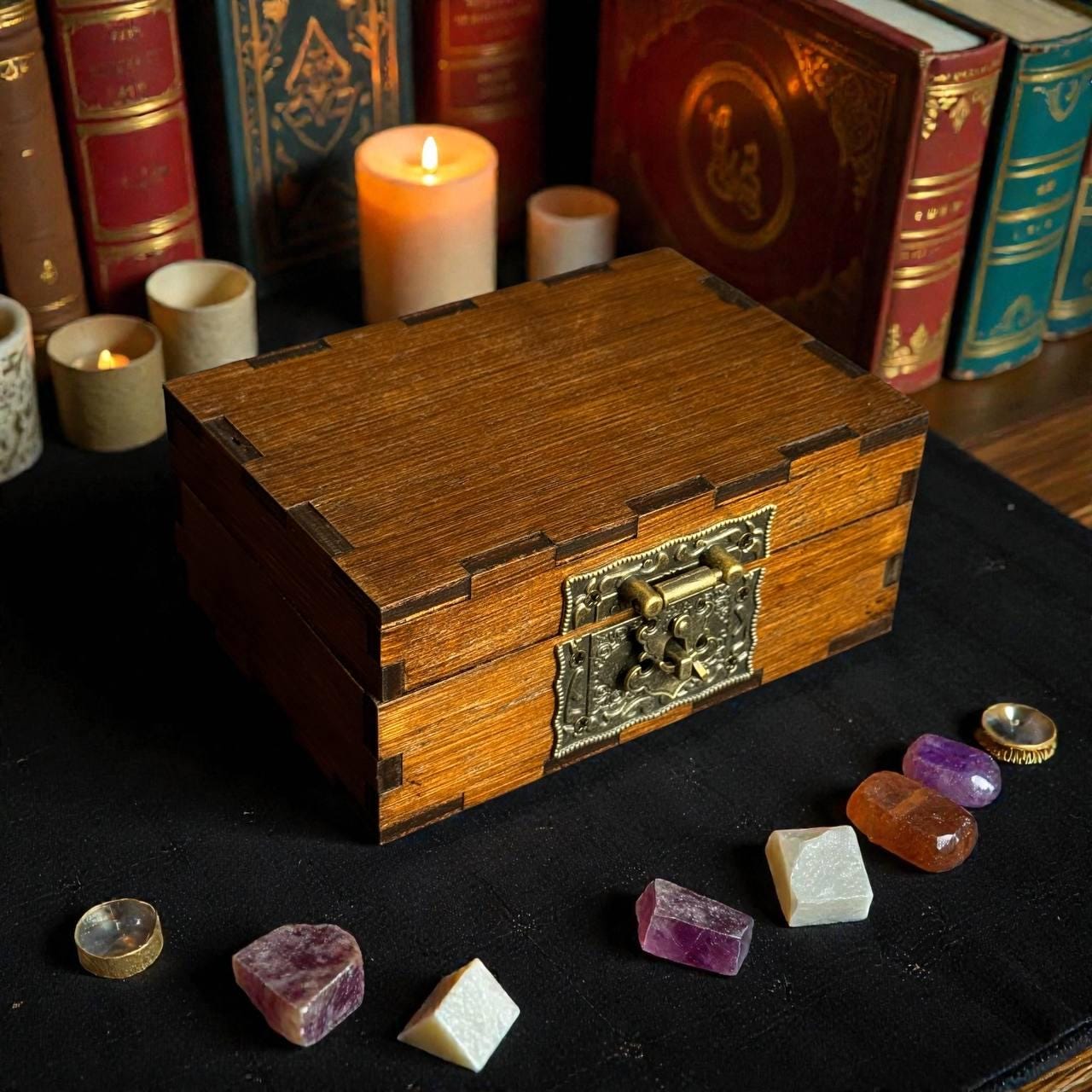 Wooden Treasure Box with Antique Lock, Vintage Style Jewelry Box Tarot Storage, Keepsake Chest