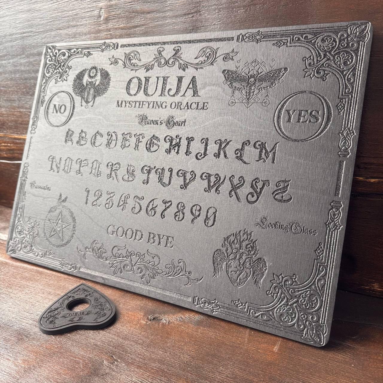 Black Ouija Board - Wooden Spirit Board with Engraved Planchette for Ritual Altar