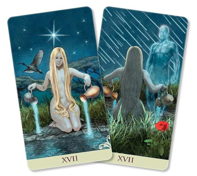 two tarot cards with illustrations of a woman and a ghost in a night scene. The woman is depicted with long blonde hair, holding a pitcher and standing near a pond, while the ghost is shown in the background.
