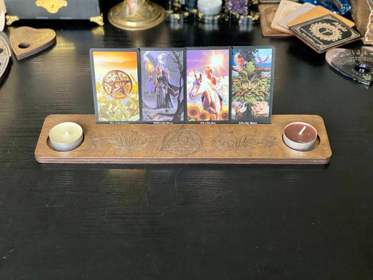 Engraved Wooden Tarot Card Holder with Candle Stand, Personalized Altar Display