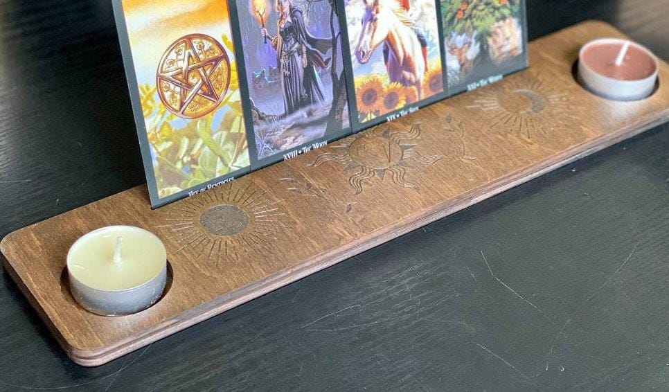 Sun and Moon Tarot Card Holder, Engraved Wooden Altar Stand