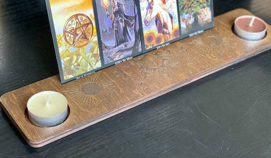Sun and Moon Tarot Card Holder, Engraved Wooden Altar Stand