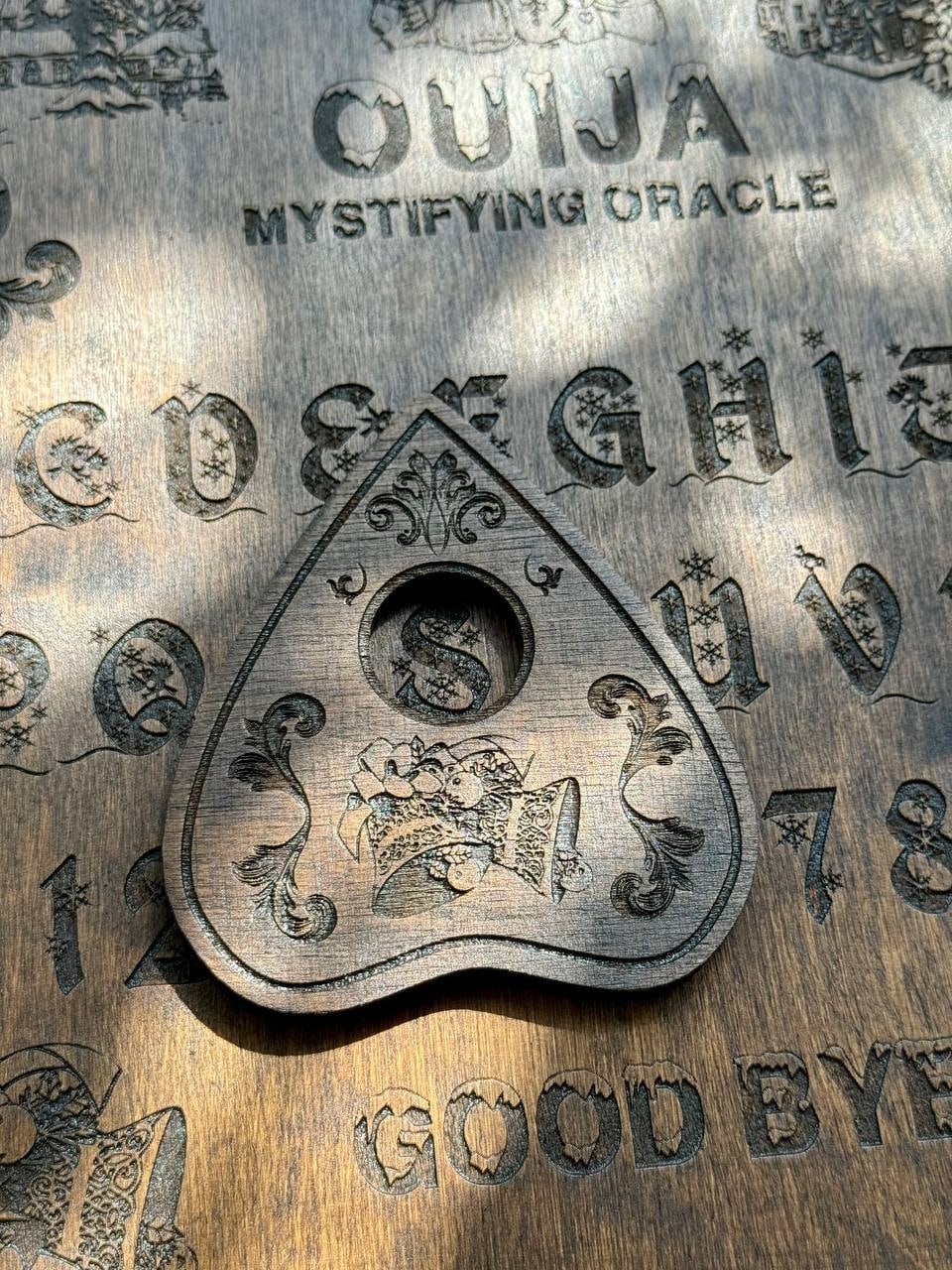 Rosewood Ouija Planchette: Engraved Christmas Jingle Bells, Spirit Board Tool