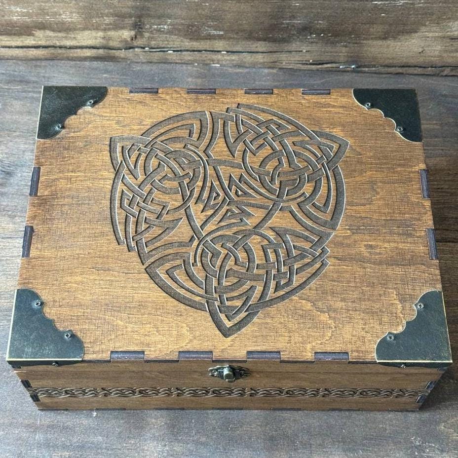 Wooden Storage Box | Viking Keepsake Chest with Celtic Symbol - Rustic Pagan Decor