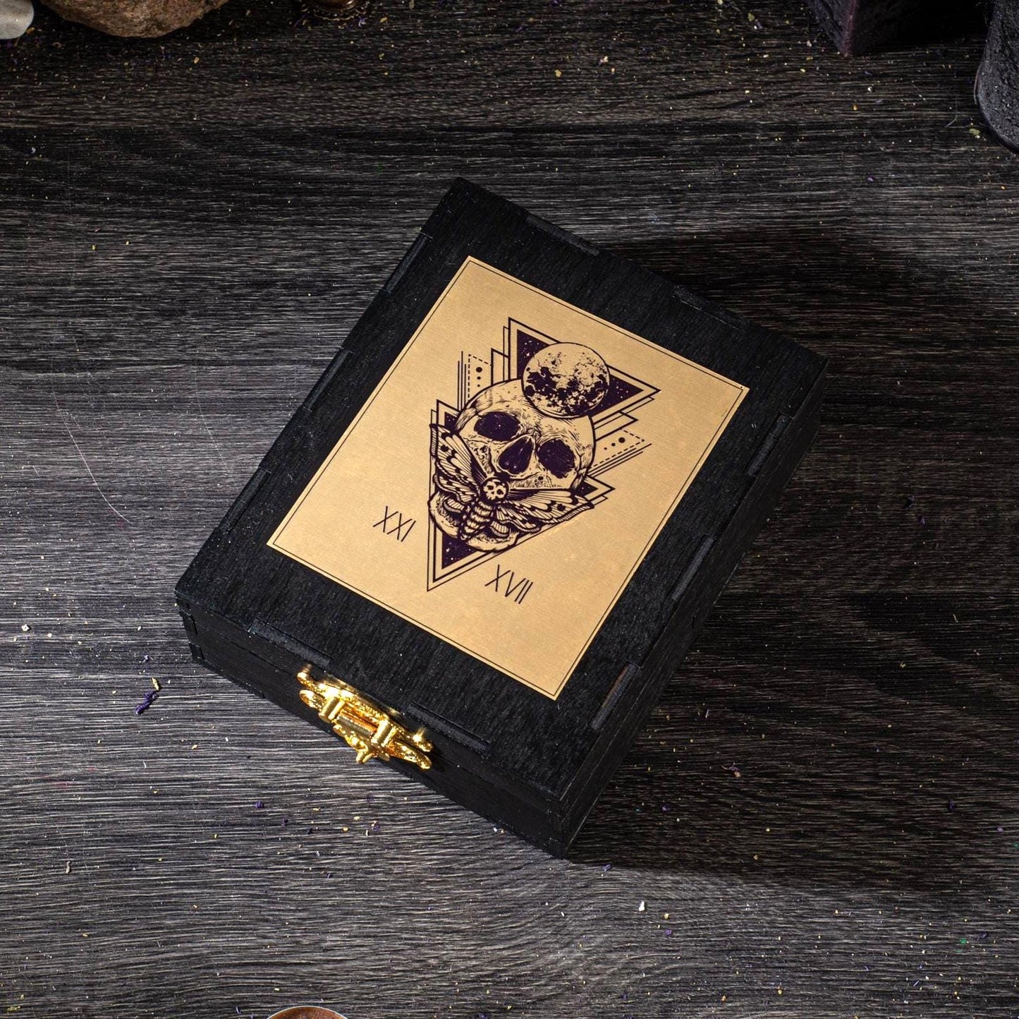 Personalized Gold & Black Wooden Tarot Card Box: Witch Altar Decor