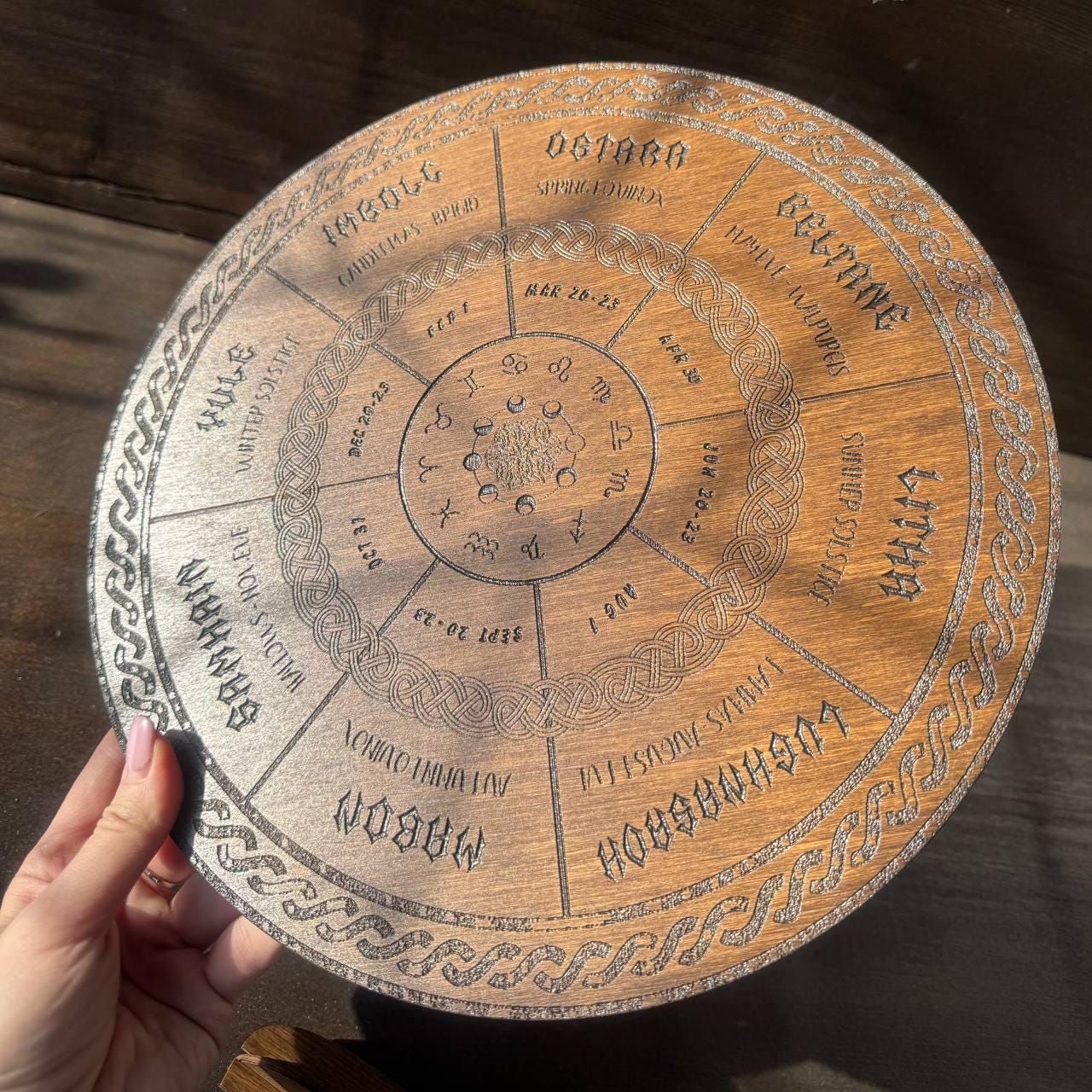 Wooden Wheel of Life Calendar, Celtic Tree Zodiac Engraved Disc, Wiccan Altar Decor