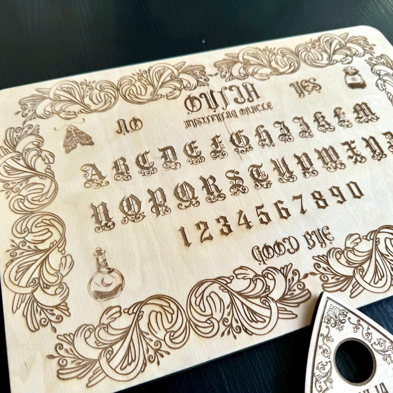 Wooden Ouija Board with Planchette, Engraved Spirit Board, Gothic Alphabet Talking Board
