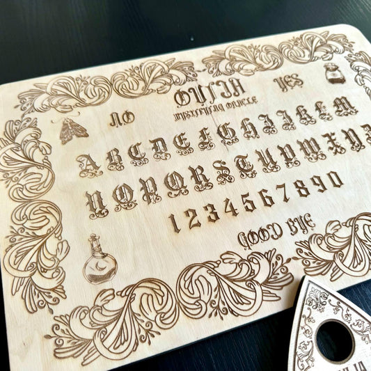 Wooden Ouija Board with Planchette, Engraved Spirit Board, Gothic Alphabet Talking Board