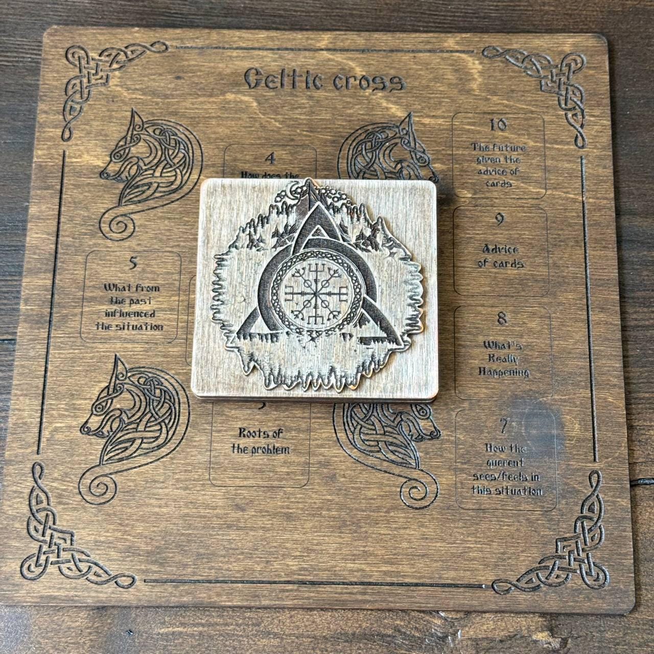Mini Norse Runes Set with Celtic Cross Board, Wooden Divination Kit, Elder Futhark Runes