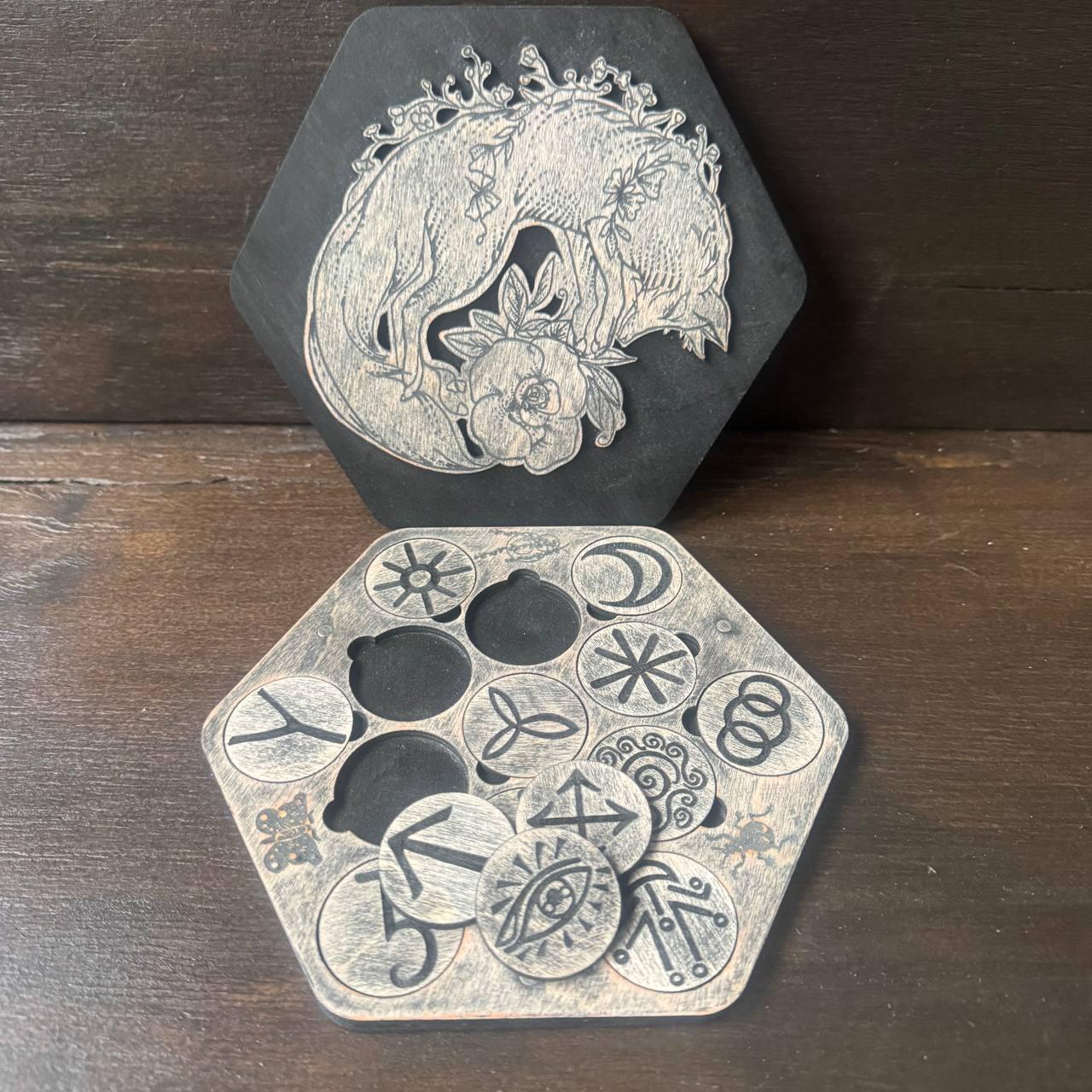 Witch Runes Set with Lid – Wooden Divination Runes with Symbols, Pagan Tool, Witchcraft Gift