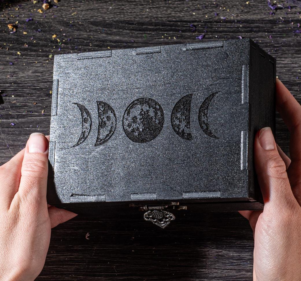 Moon Phases Tarot Card Box Personalized, Wooden Witchy Storage Case for Decks, Crystal Box