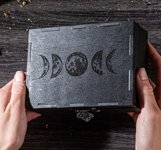 Moon Phases Tarot Card Box Personalized, Wooden Witchy Storage Case for Decks, Crystal Box