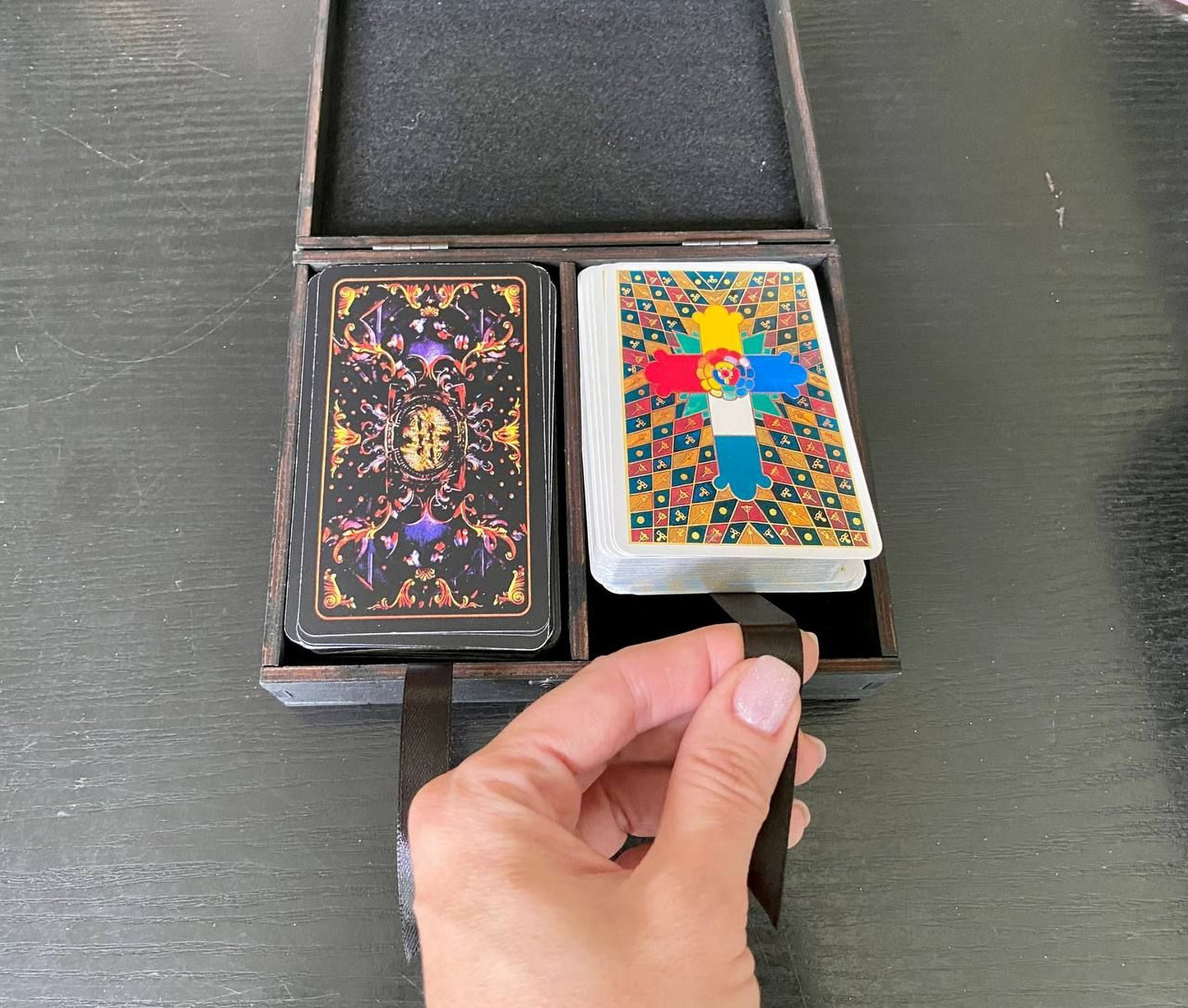 Tarot box for two decks with compartments and secure closure