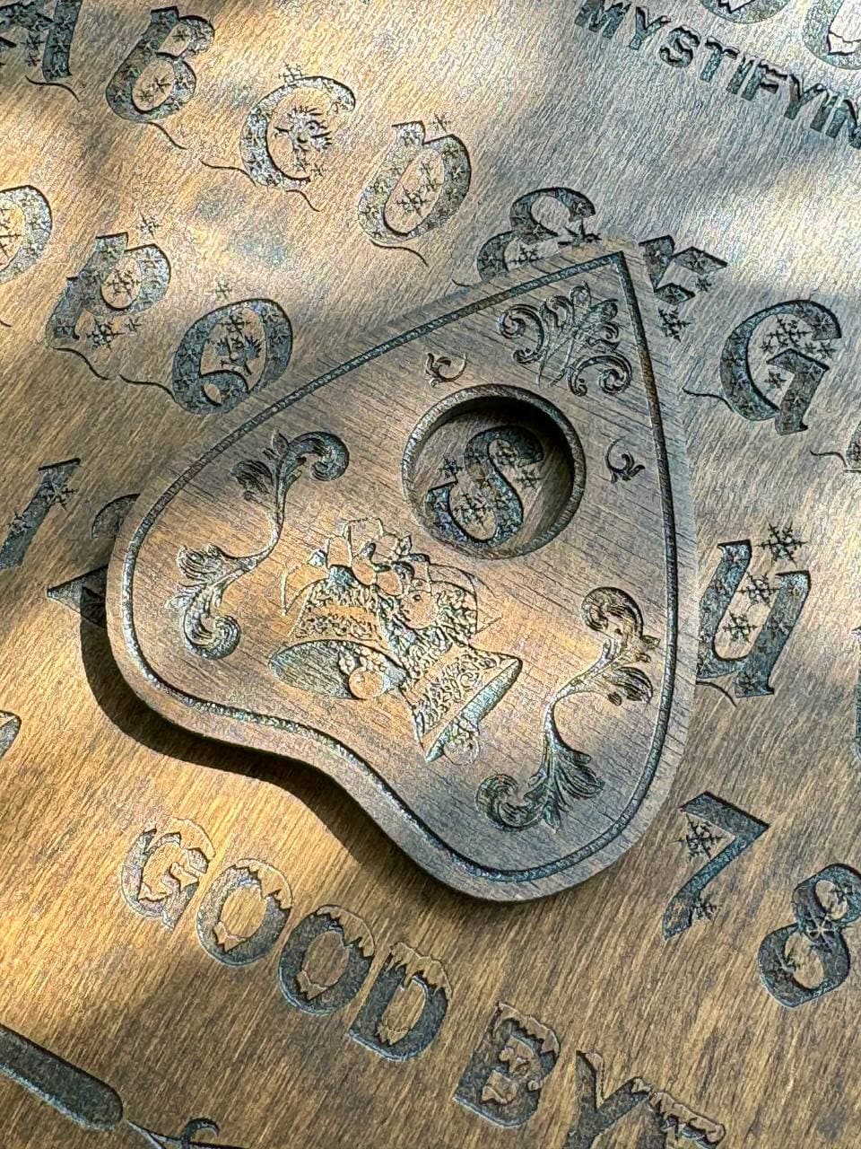 Rosewood Ouija Planchette: Engraved Christmas Jingle Bells, Spirit Board Tool