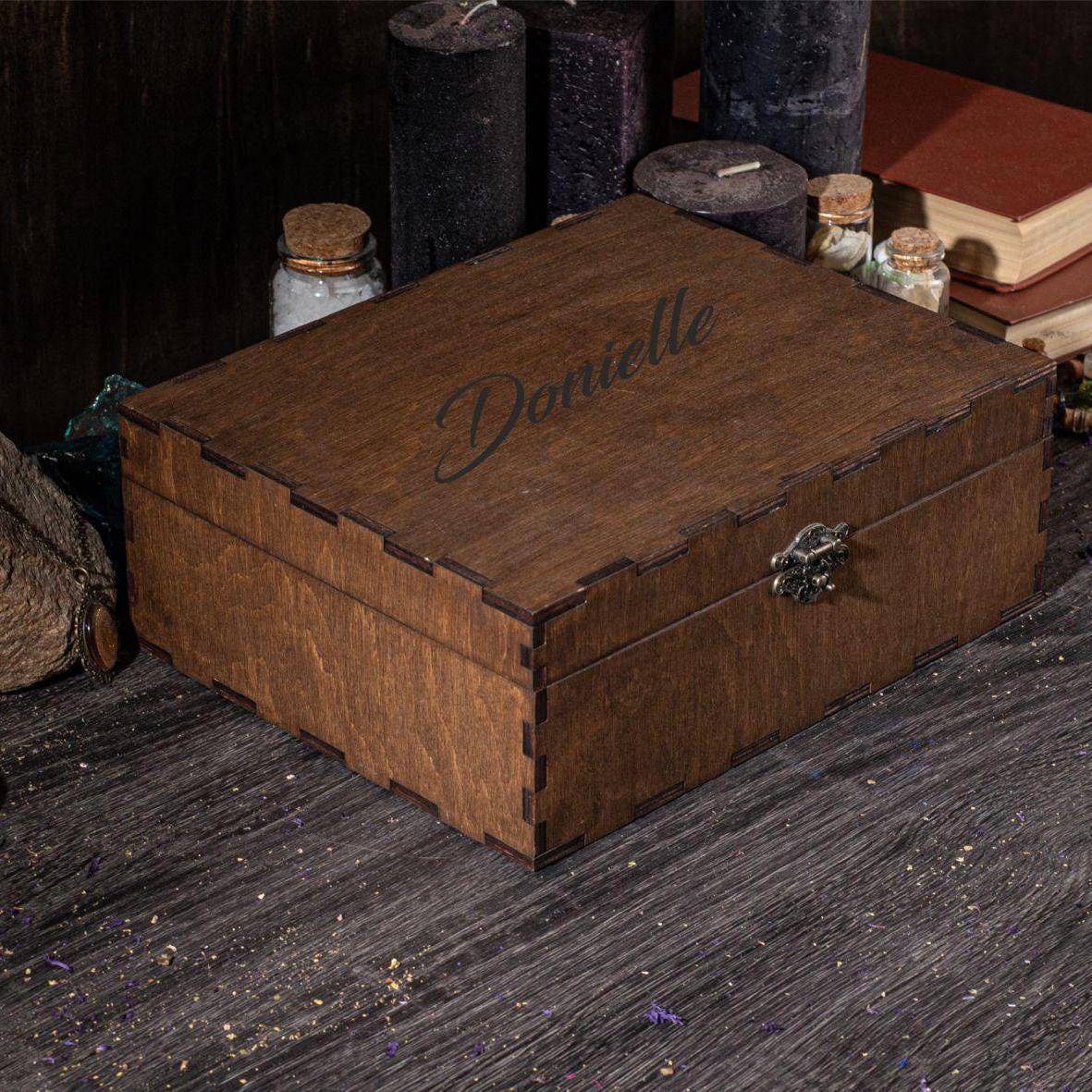 Engraved Wooden Mystery Box: Witch Gift, Crystal Storage