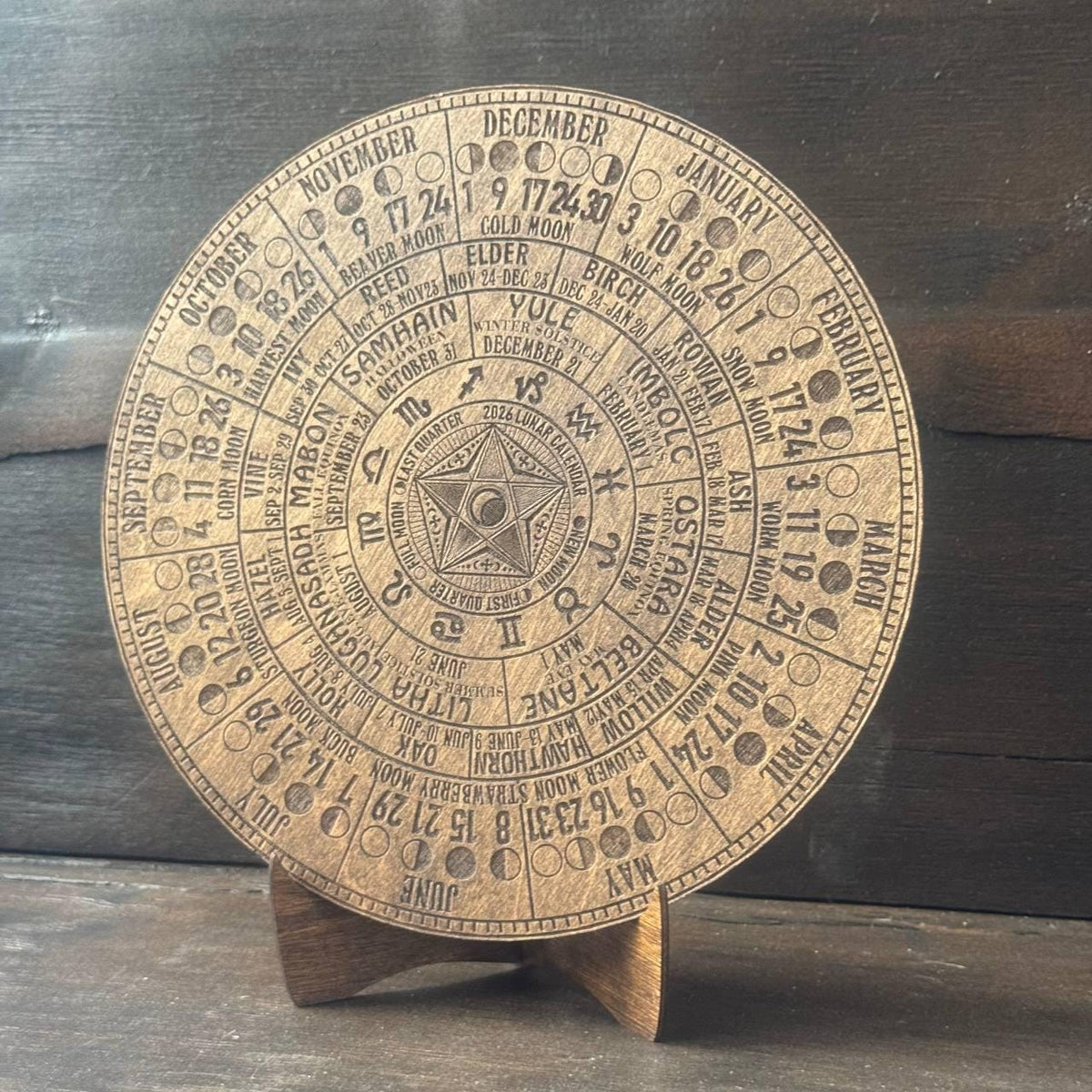2026 Lunar Calendar with Pentagram – Wiccan Moon Phase Wheel on Walnut Wood with Stand
