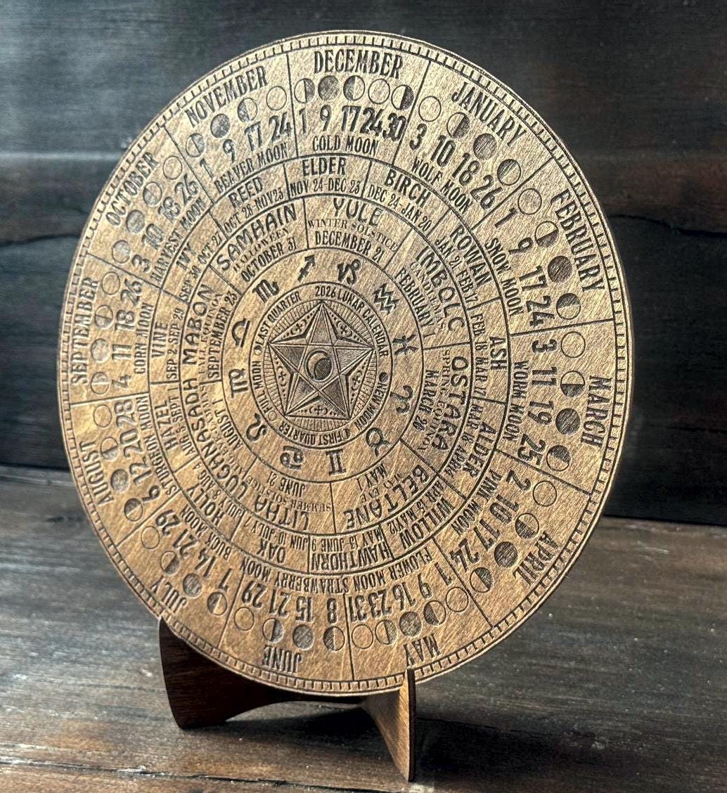 2026 Lunar Calendar with Pentagram – Wiccan Moon Phase Wheel on Walnut Wood with Stand