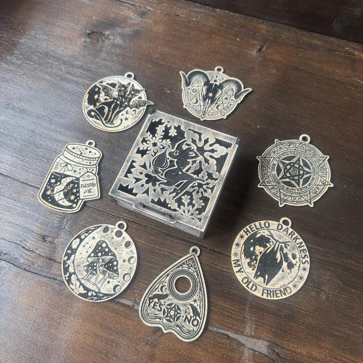 Seven Witch Ornaments in Dark Oak Gift Box for Wicca Sabbat Decor