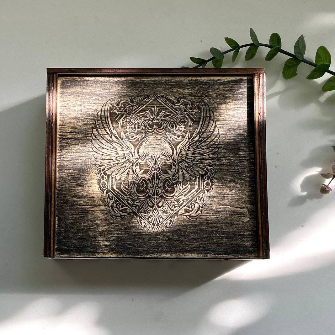 Tarot cards and crystals storage wooden box, Engraved personalized casket for witch tools