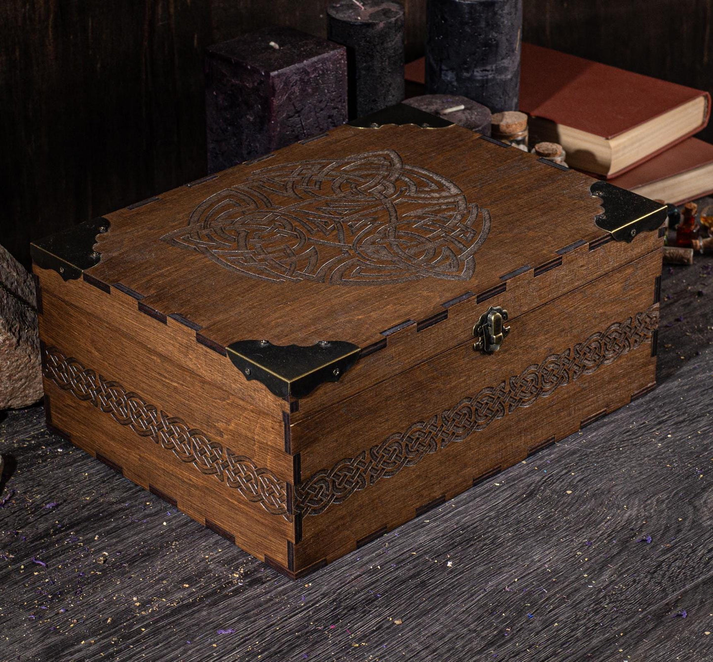 Wooden Storage Box | Viking Keepsake Chest with Celtic Symbol - Rustic Pagan Decor