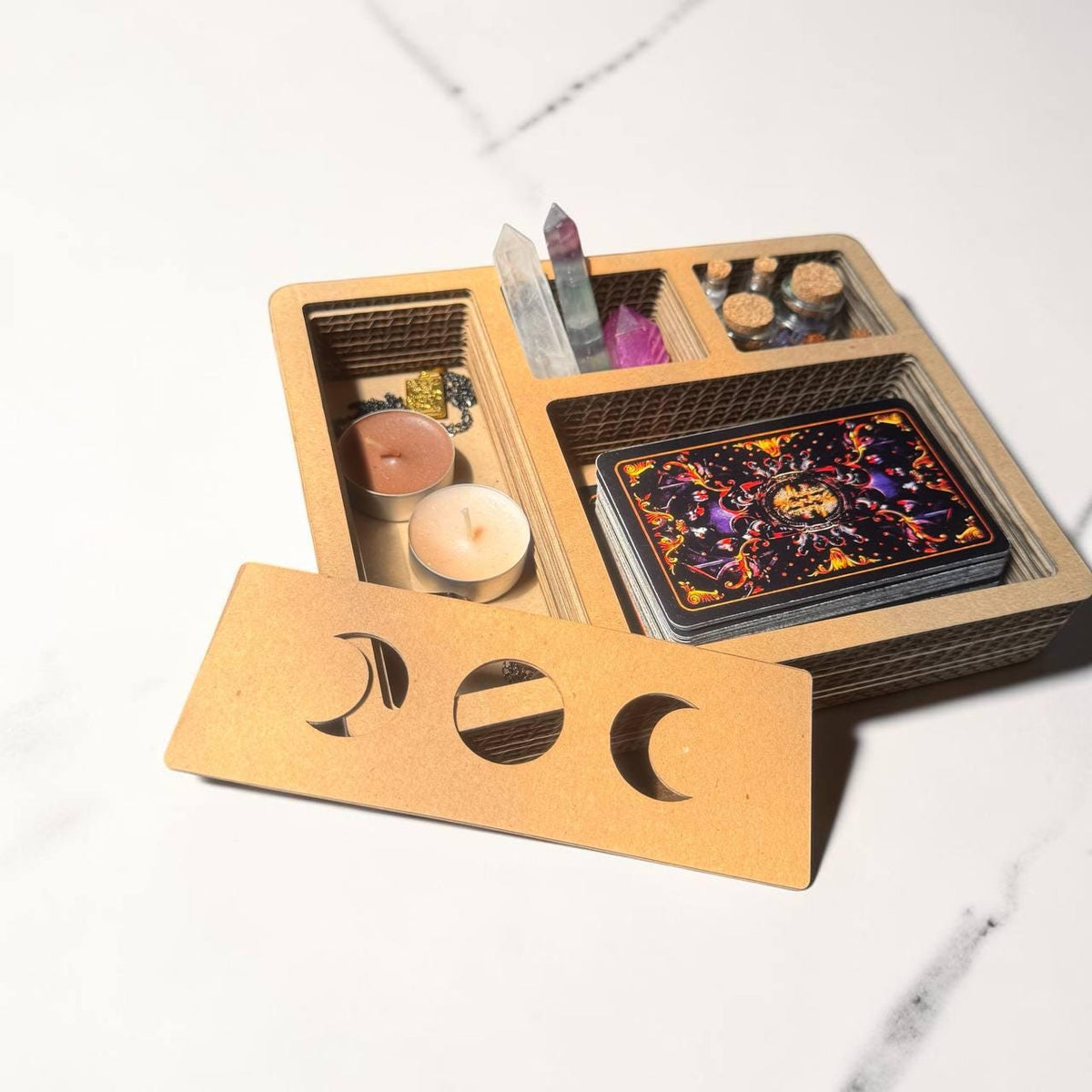 Moon Phase Tarot and Crystal Organizer, Divided Witchcraft Storage Box