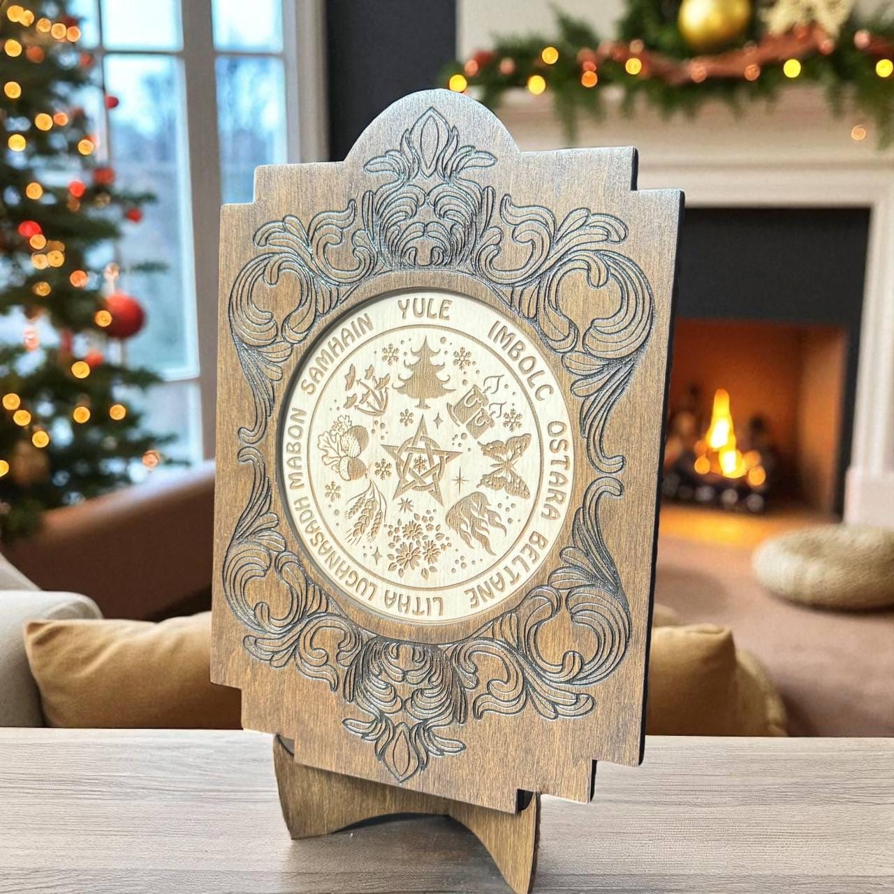 Wooden Wheel of the Year Altar Calendar with Stand, Engraved Wiccan Sabbat Decor