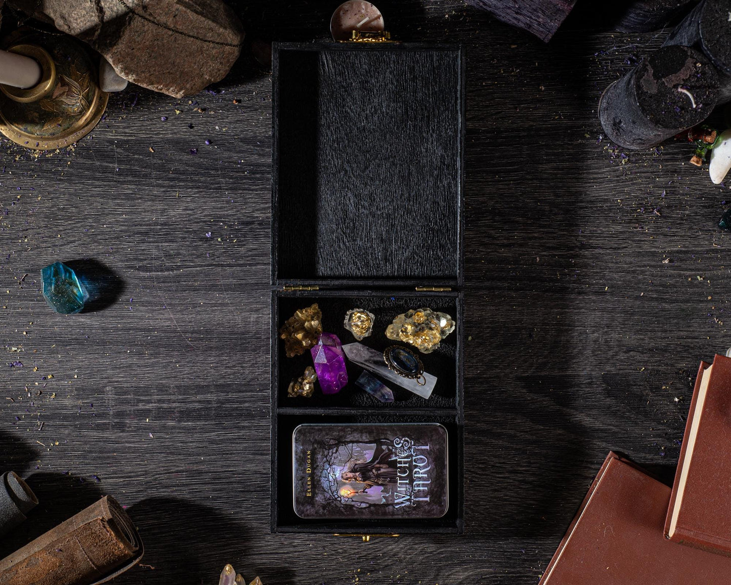 Personalized Gold & Black Wooden Tarot Card Box: Witch Altar Decor