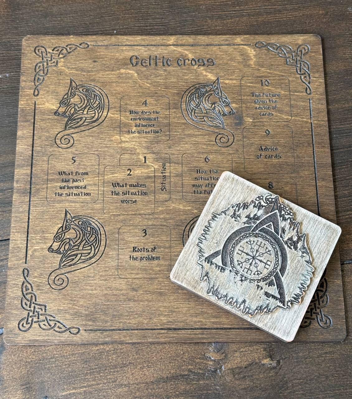 Mini Norse Runes Set with Celtic Cross Board, Wooden Divination Kit, Elder Futhark Runes