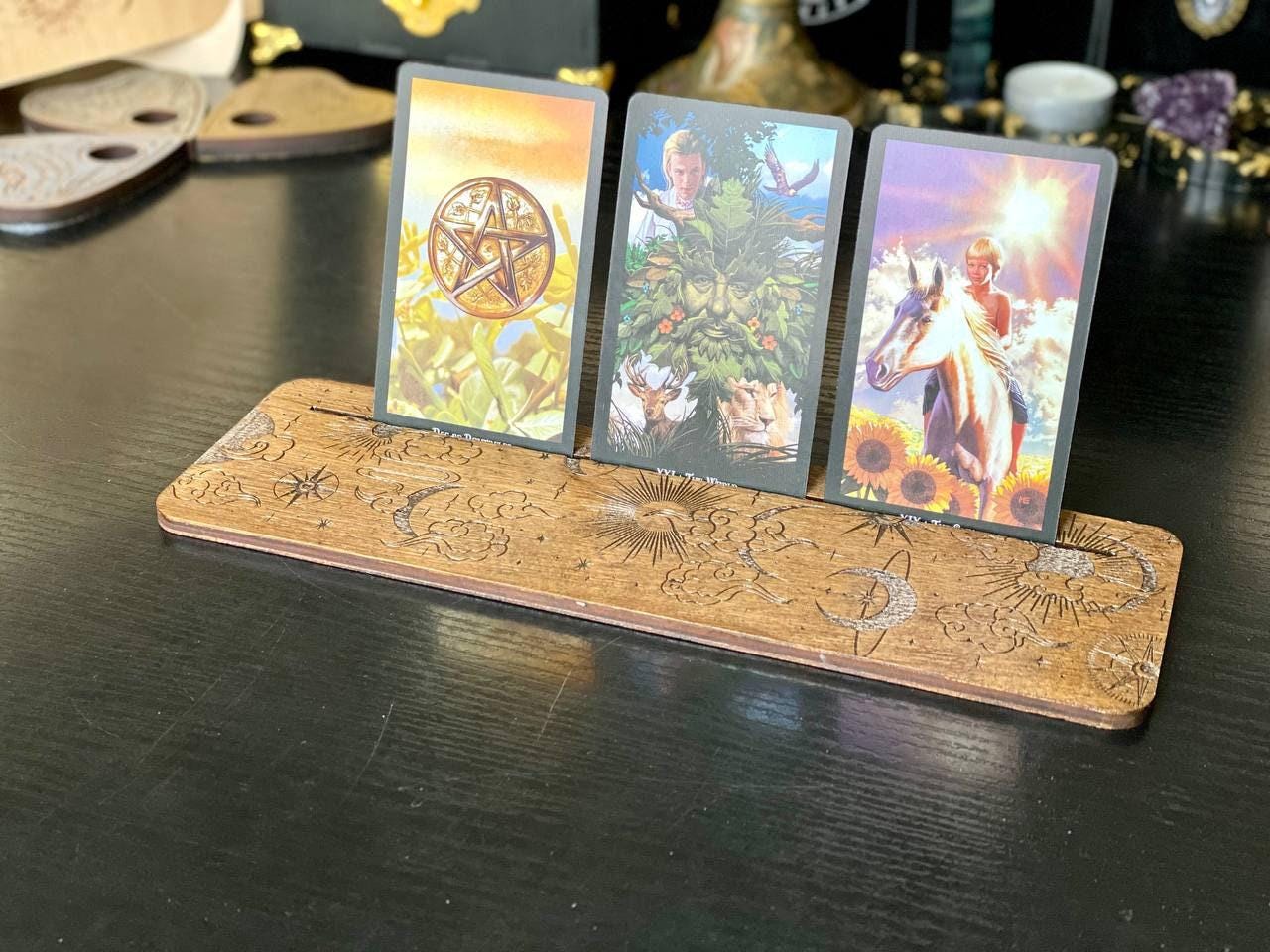 Moon and Sun Tarot Card Stand, Engraved Wooden Reading Holder