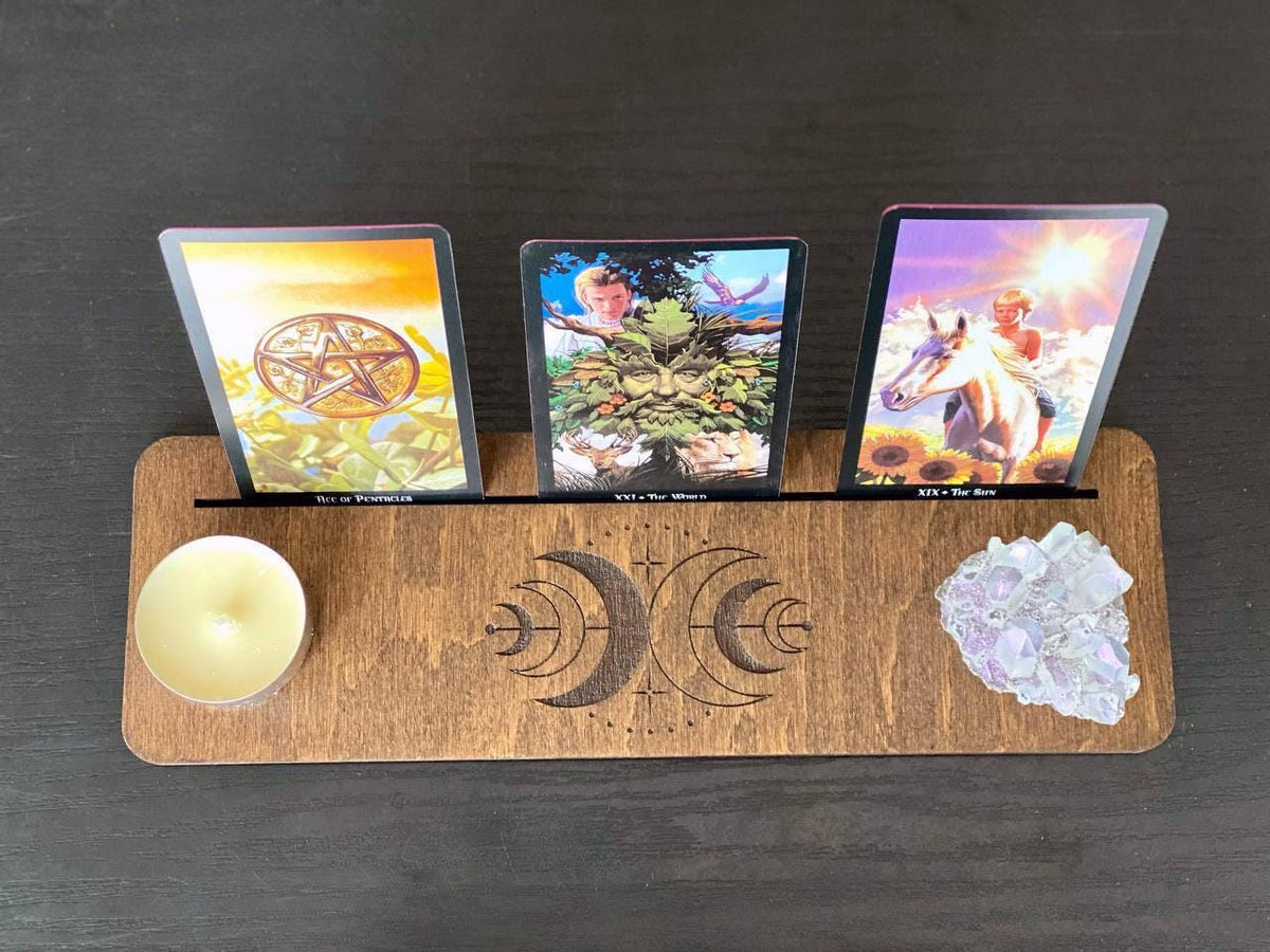 Personalized Three Card Tarot Holder, Engraved Rosewood Reading Stand