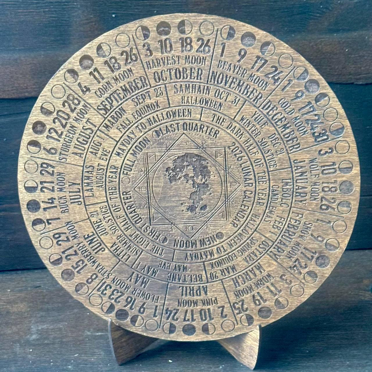 2026 Lunar Calendar Wood Moon Phase Wheel, Witch Altar Decor with Stand, Pagan Astrology Gift