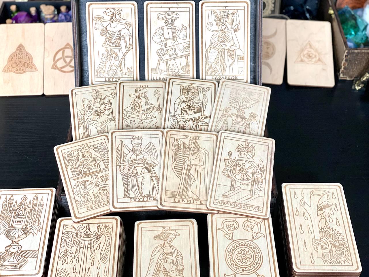 Wooden Tarot Pentacles Suit – Engraved Marseilles Cards, Personalized Gif