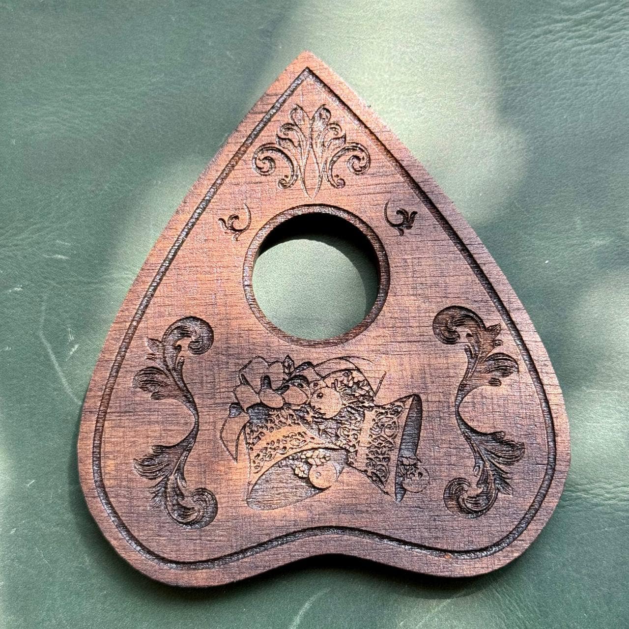 Rosewood Ouija Planchette: Engraved Christmas Jingle Bells, Spirit Board Tool