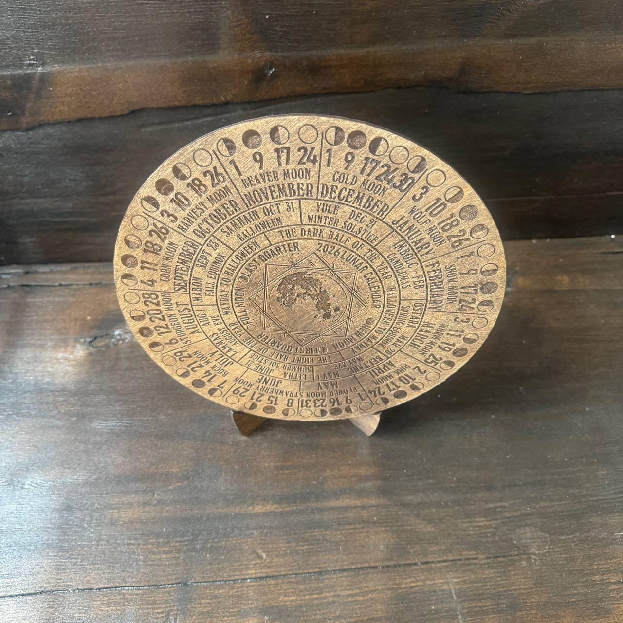 2026 Lunar Calendar Wood Moon Phase Wheel, Witch Altar Decor with Stand, Pagan Astrology Gift