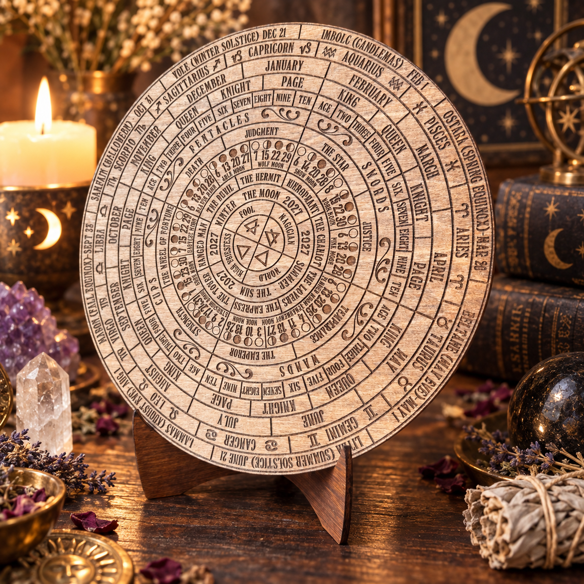 2027 Lunar Moon Phase Calendar | Wooden Moon Wheel with Stand