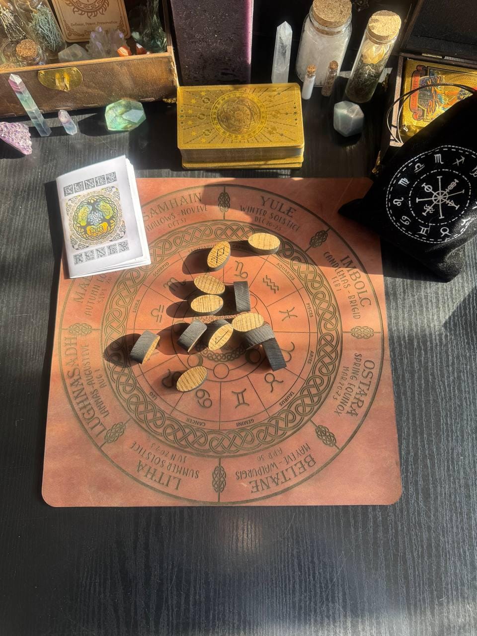 Engraved Leather Wiccan Calendar Mat, Zodiac Wheel Altar Planner in 3 Sizes