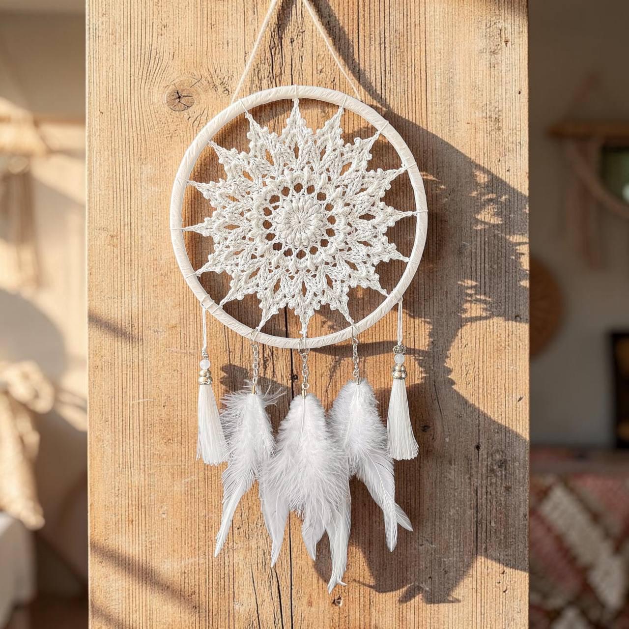 White Crochet Dream Catcher – Boho Bedroom & Nursery Decor