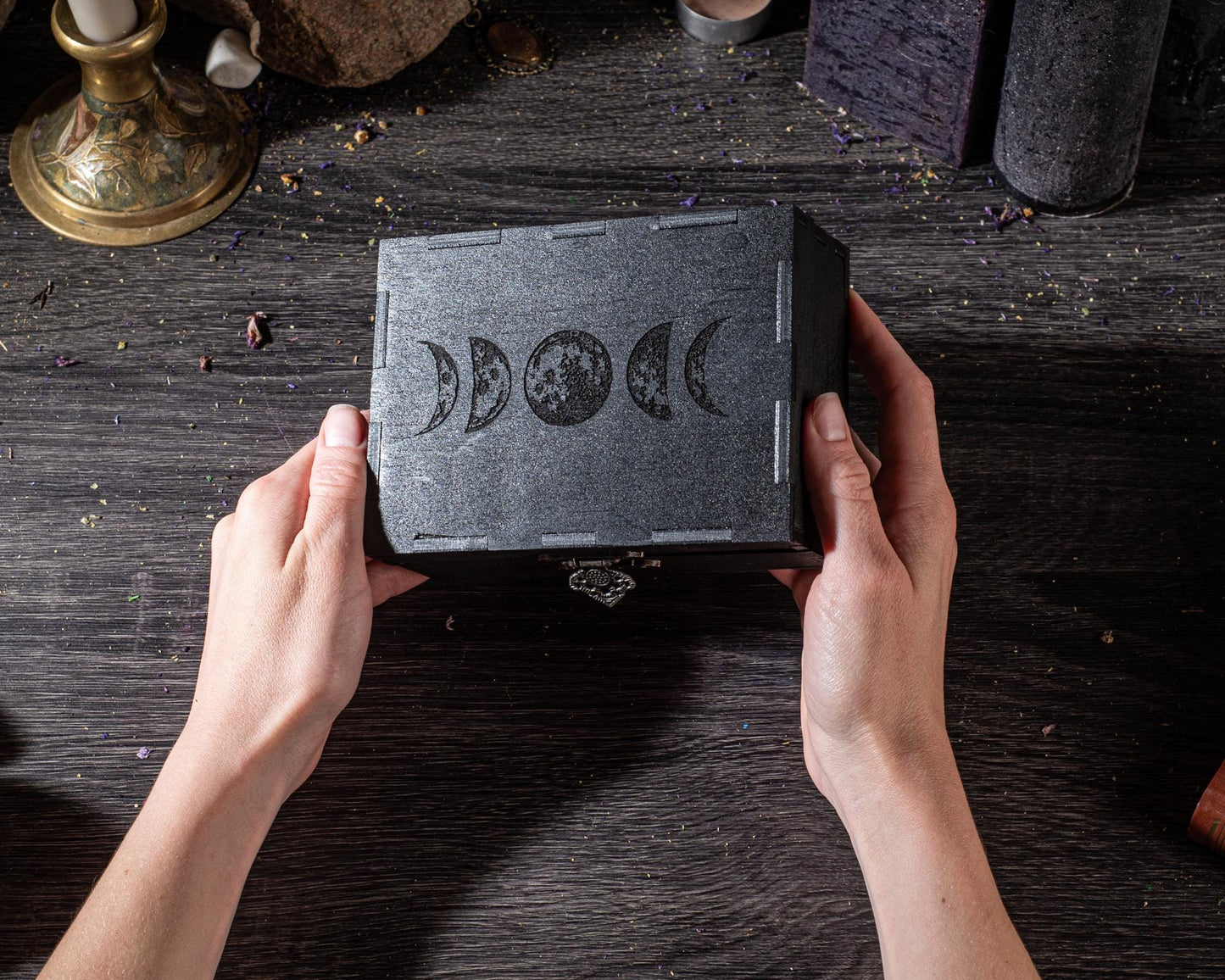 Moon Phases Tarot Card Box Personalized, Wooden Witchy Storage Case for Decks, Crystal Box