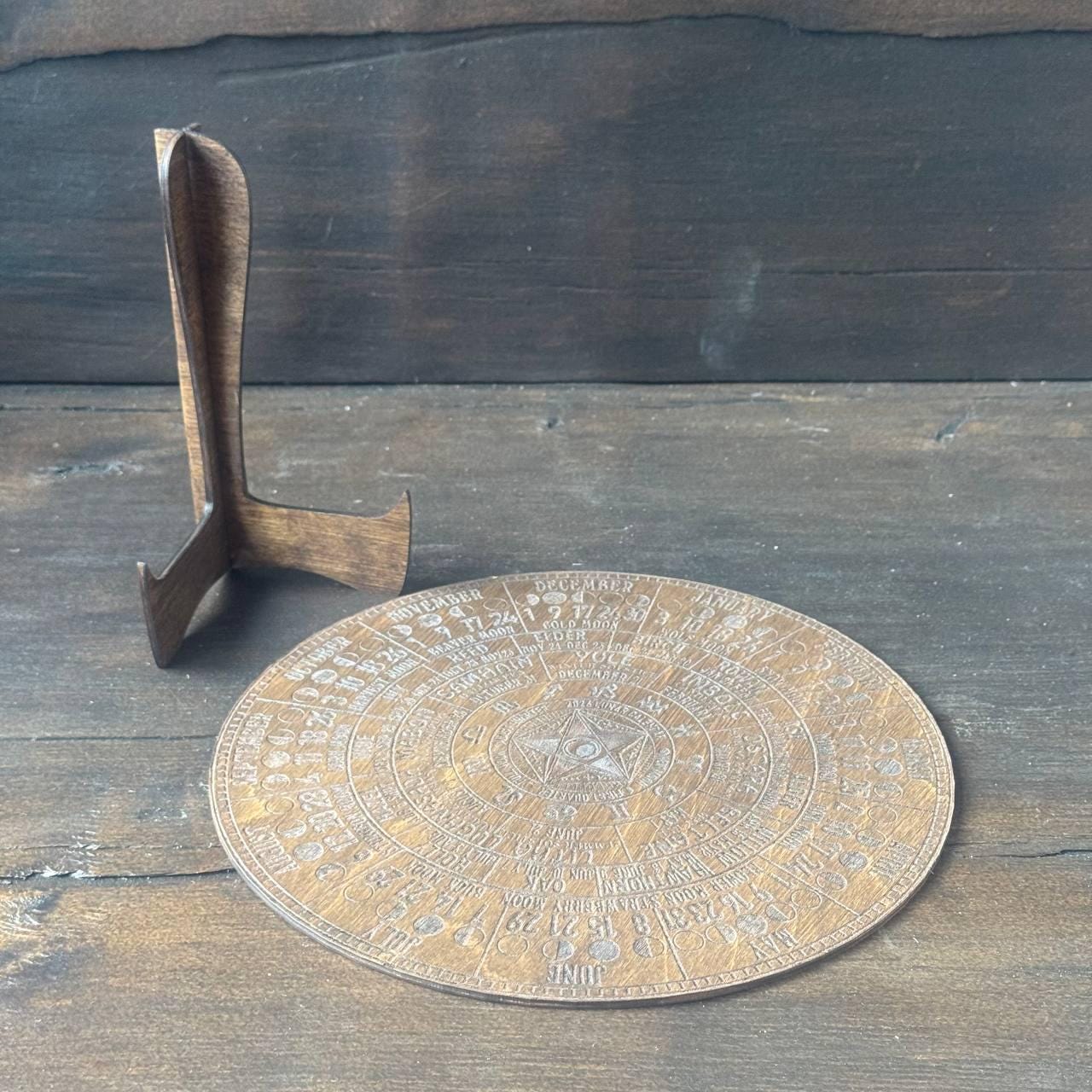2026 Lunar Calendar with Pentagram – Wiccan Moon Phase Wheel on Walnut Wood with Stand