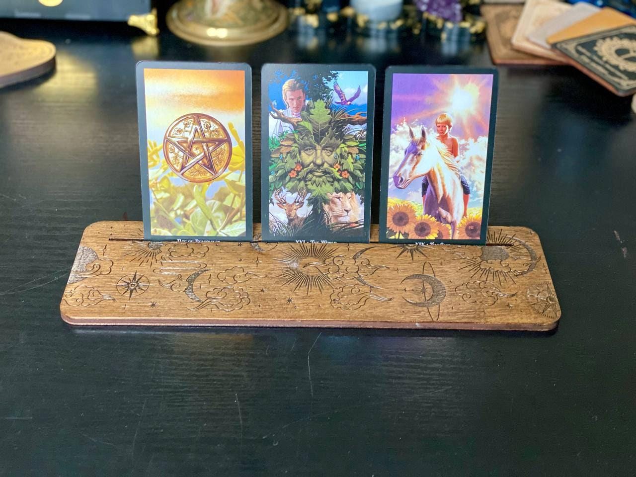Moon and Sun Tarot Card Stand, Engraved Wooden Reading Holder