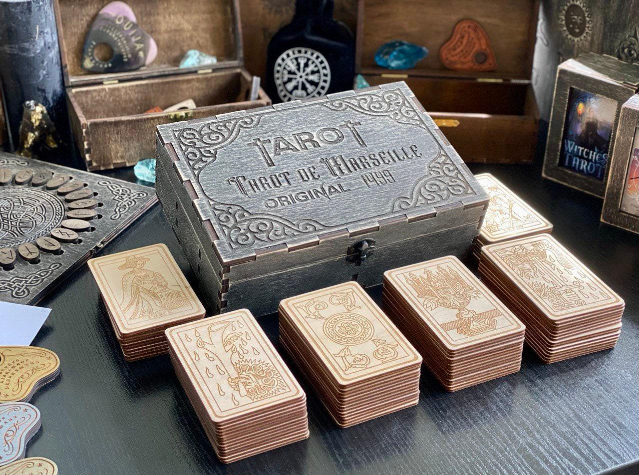 Tarot Marseille Wooden Deck – 78 Engraved Cards with Box, Personalized