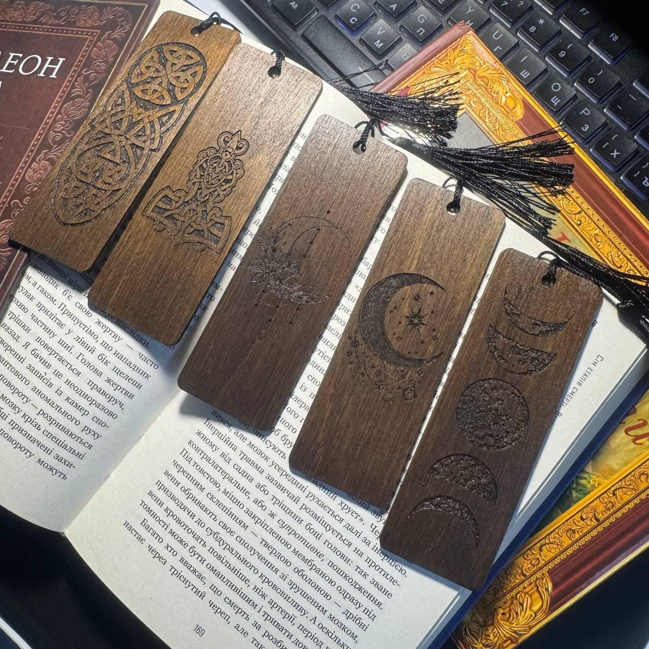 Celestial Wooden Bookmark, Moon Sun Engraved Spiritual Gift