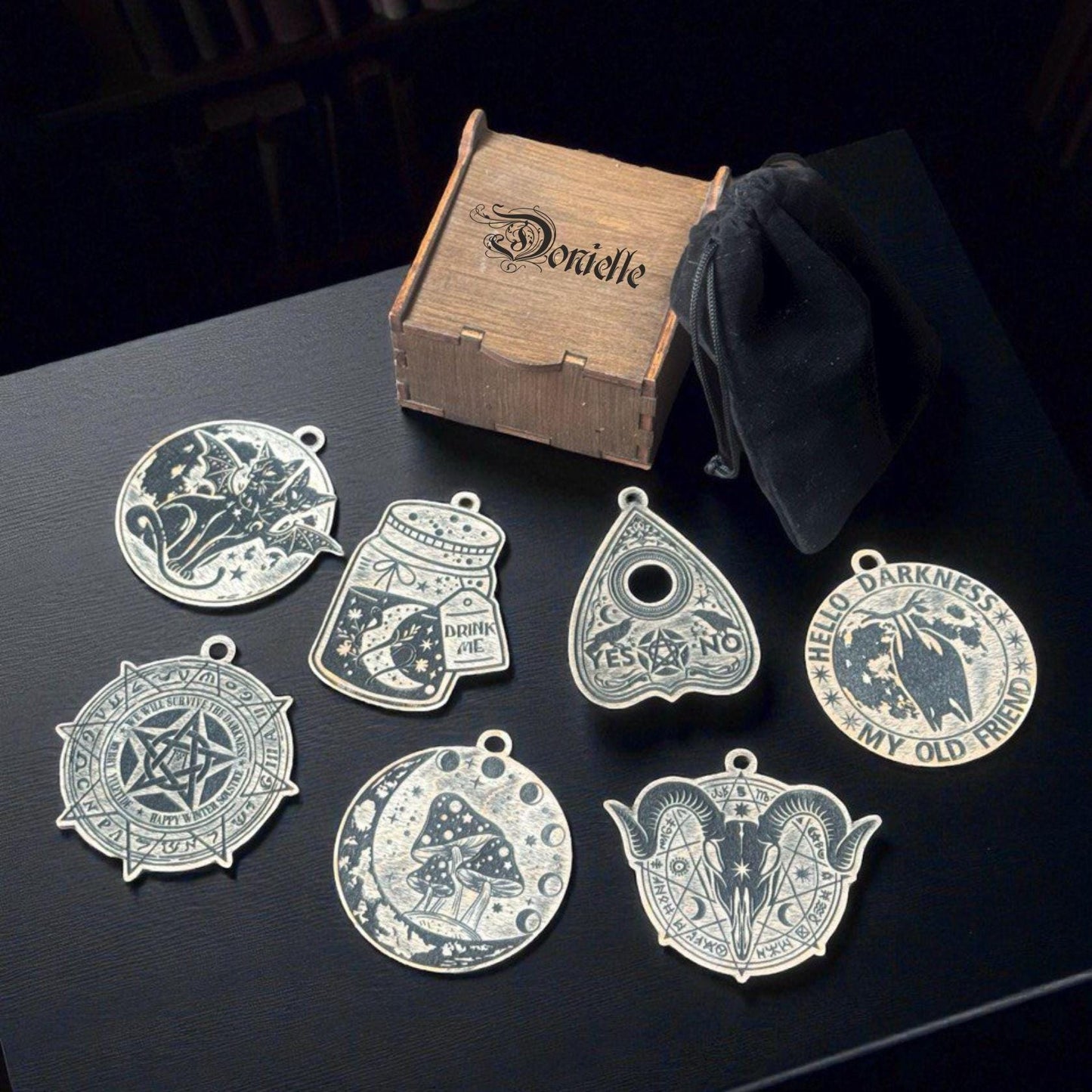 Personalized Wicca Ornament Gift Box, 7 Wooden Sabbat Charms in 4 Colors