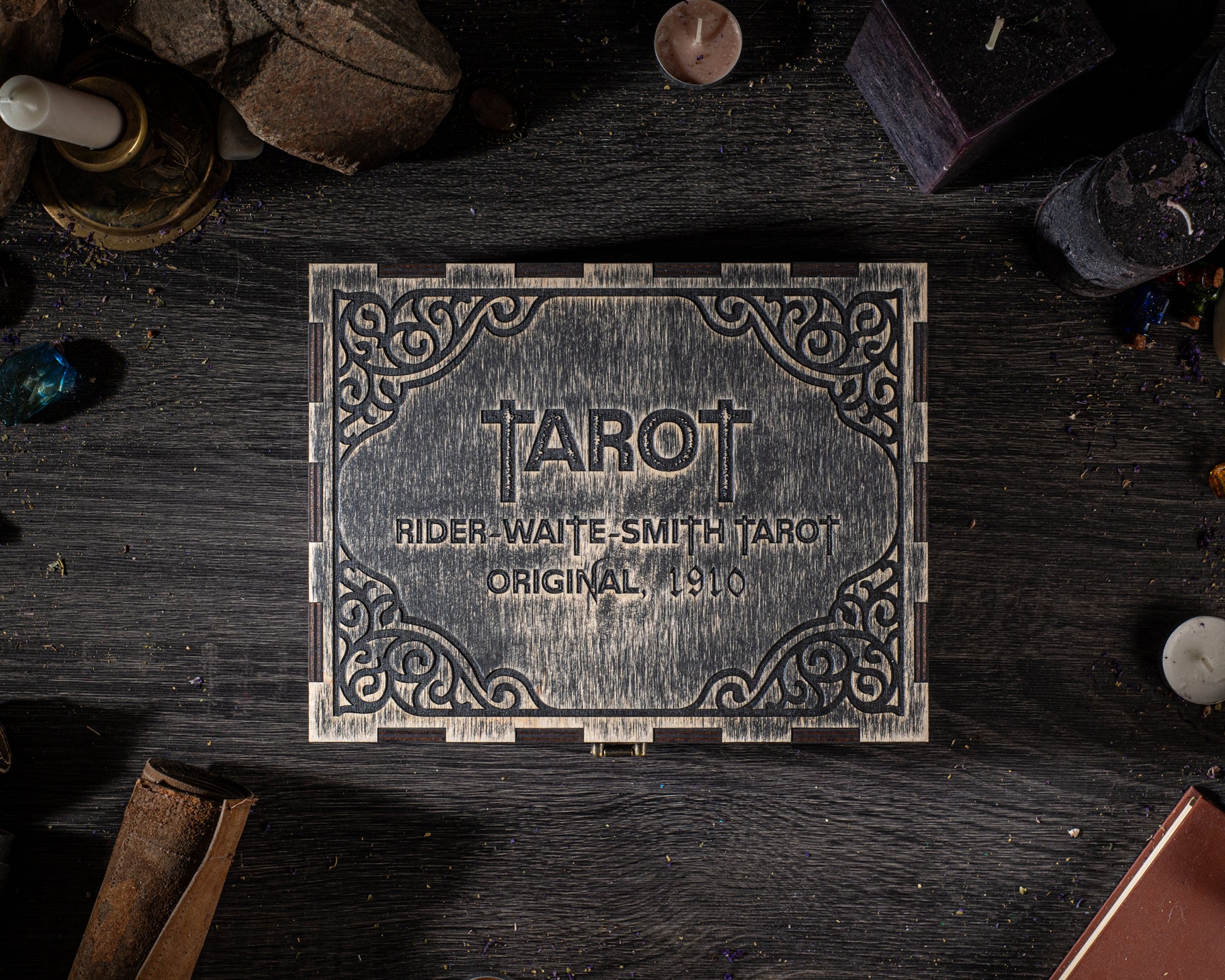 a wooden box with a decorative label that reads "TAROT" and "RIDER-WAITE-SMITH TAROT ORIGINAL, 1910".