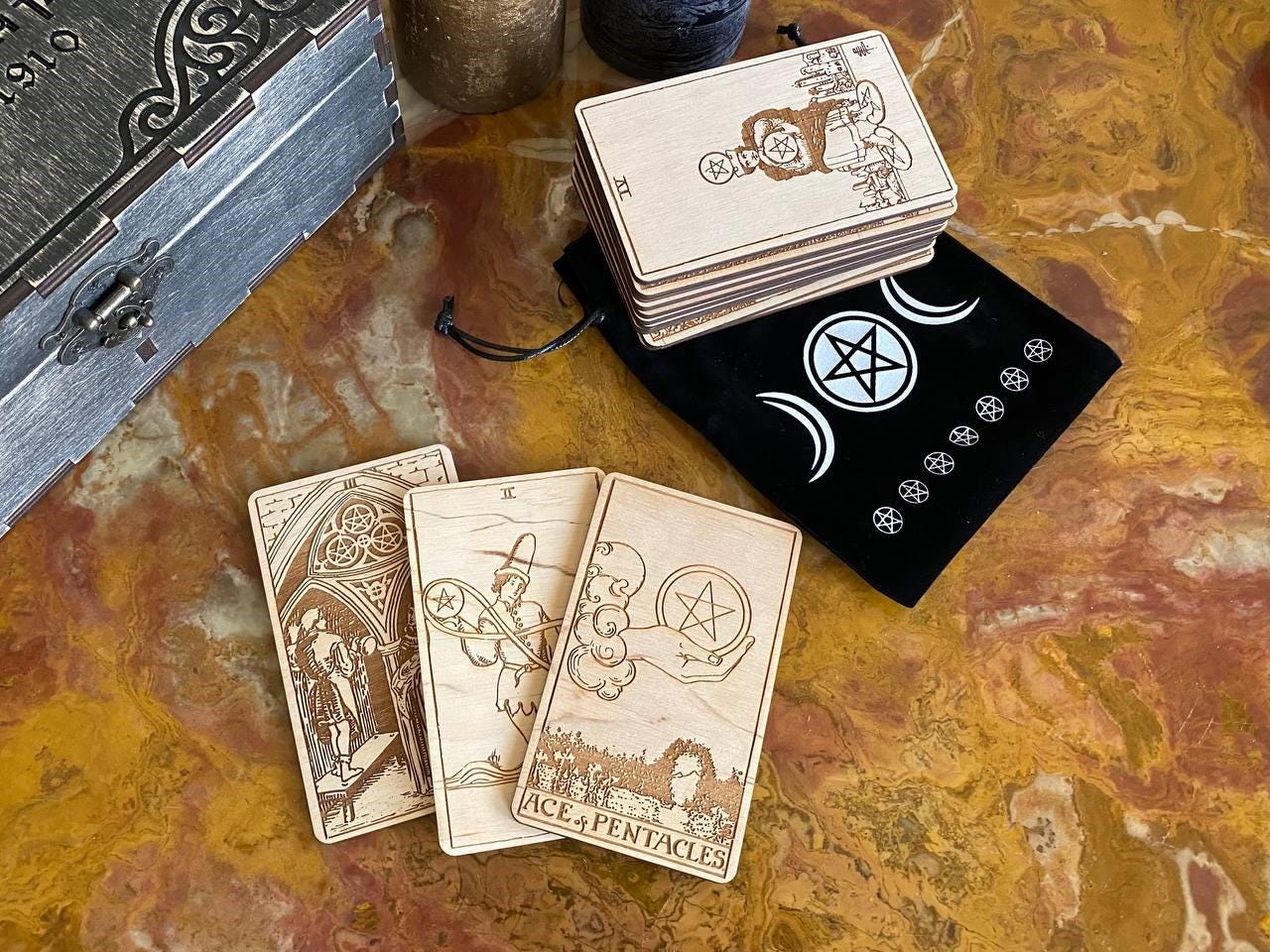 Wooden Tarot Cards Pentacles Suit Rider–Waite–Smith Engraved Deck Earth Element